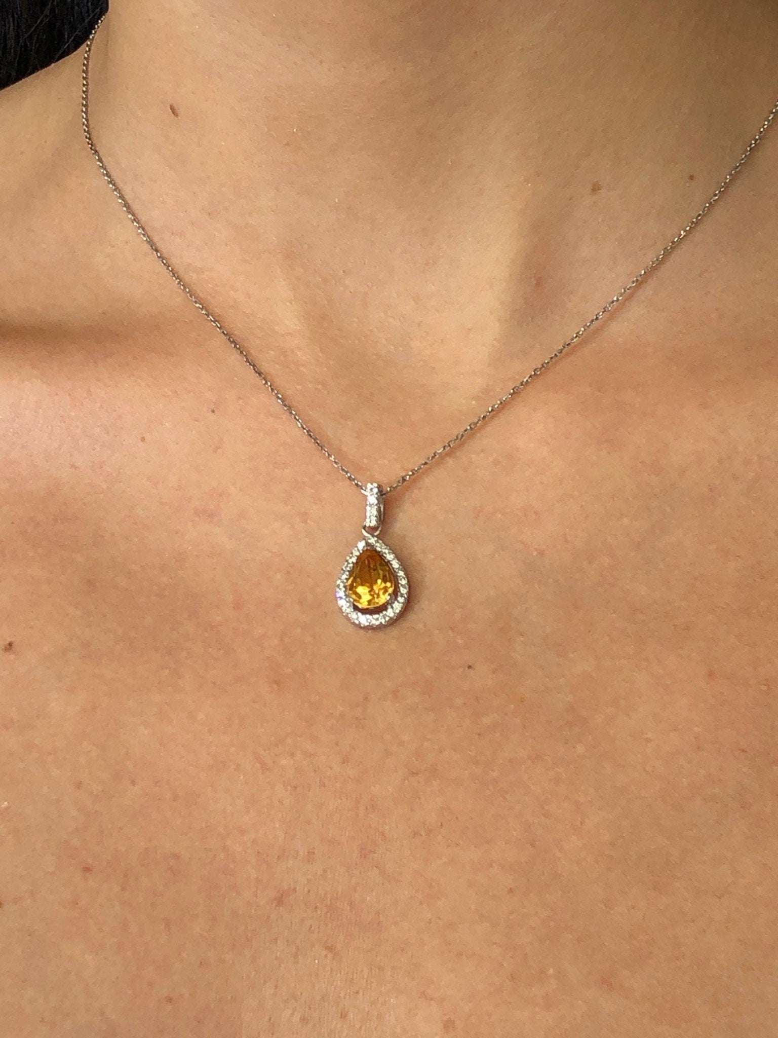LIV 14k White Gold & Diamonds Golden Citrine Pear Shape Halo Design Dangle Necklace