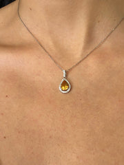 LIV 14k White Gold & Diamonds Golden Citrine Pear Shape Halo Design Dangle Necklace