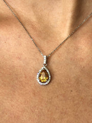 LIV 14k White Gold & Diamonds Golden Citrine Pear Shape Halo Design Dangle Necklace