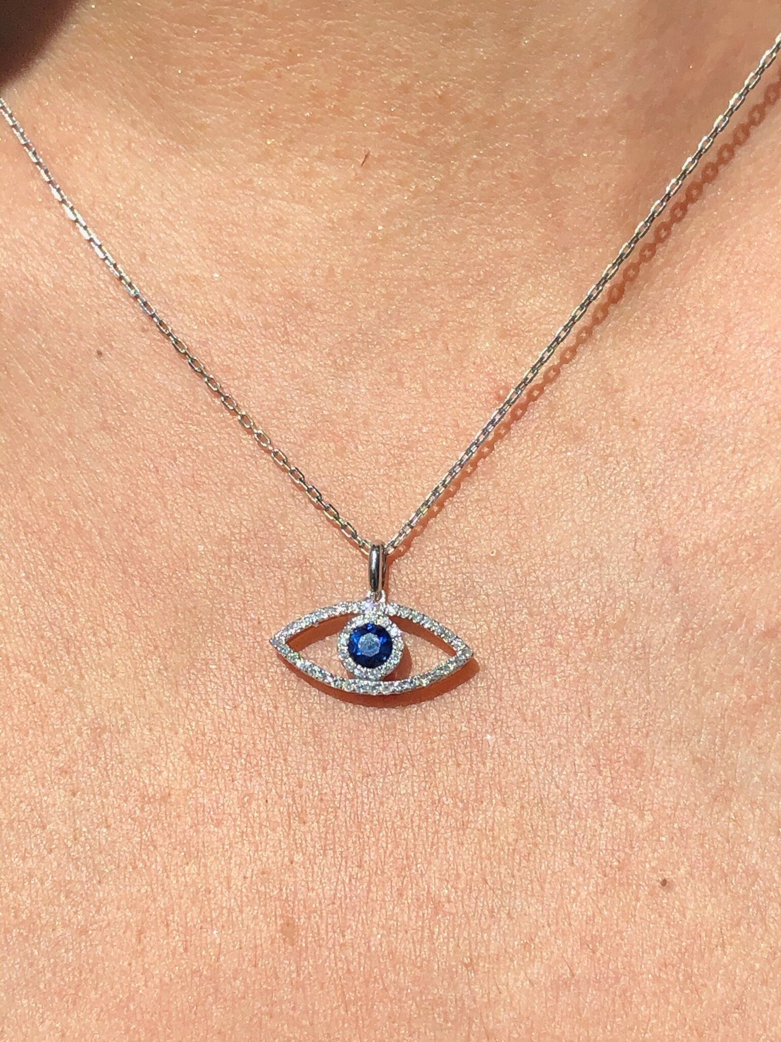 LIV 14k White Gold Genuine Diamonds & Blue Sapphire Evil Eye Halo Stackable Necklace