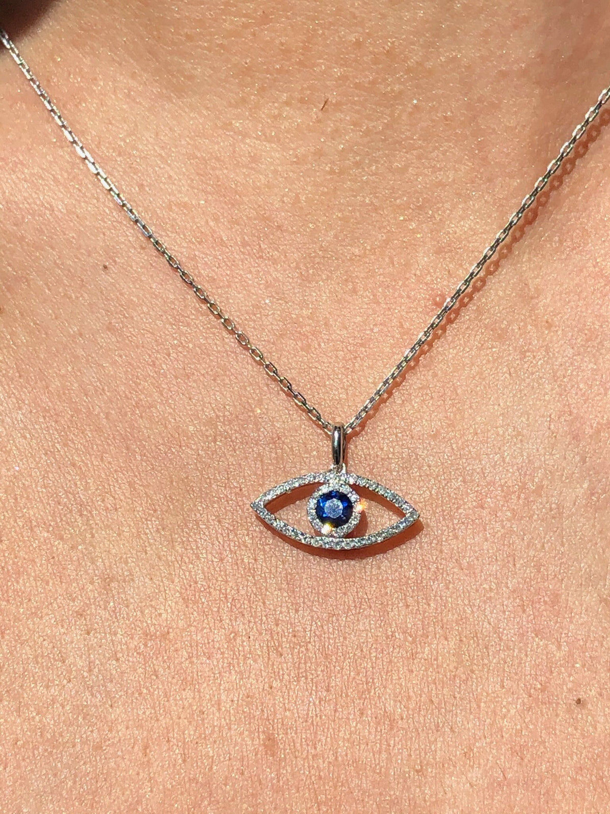 LIV 14k White Gold Genuine Diamonds & Blue Sapphire Evil Eye Halo Stackable Necklace