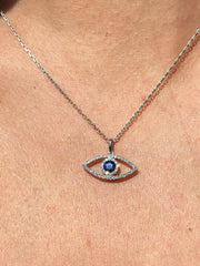 LIV 14k White Gold Genuine Diamonds & Blue Sapphire Evil Eye Halo Stackable Necklace