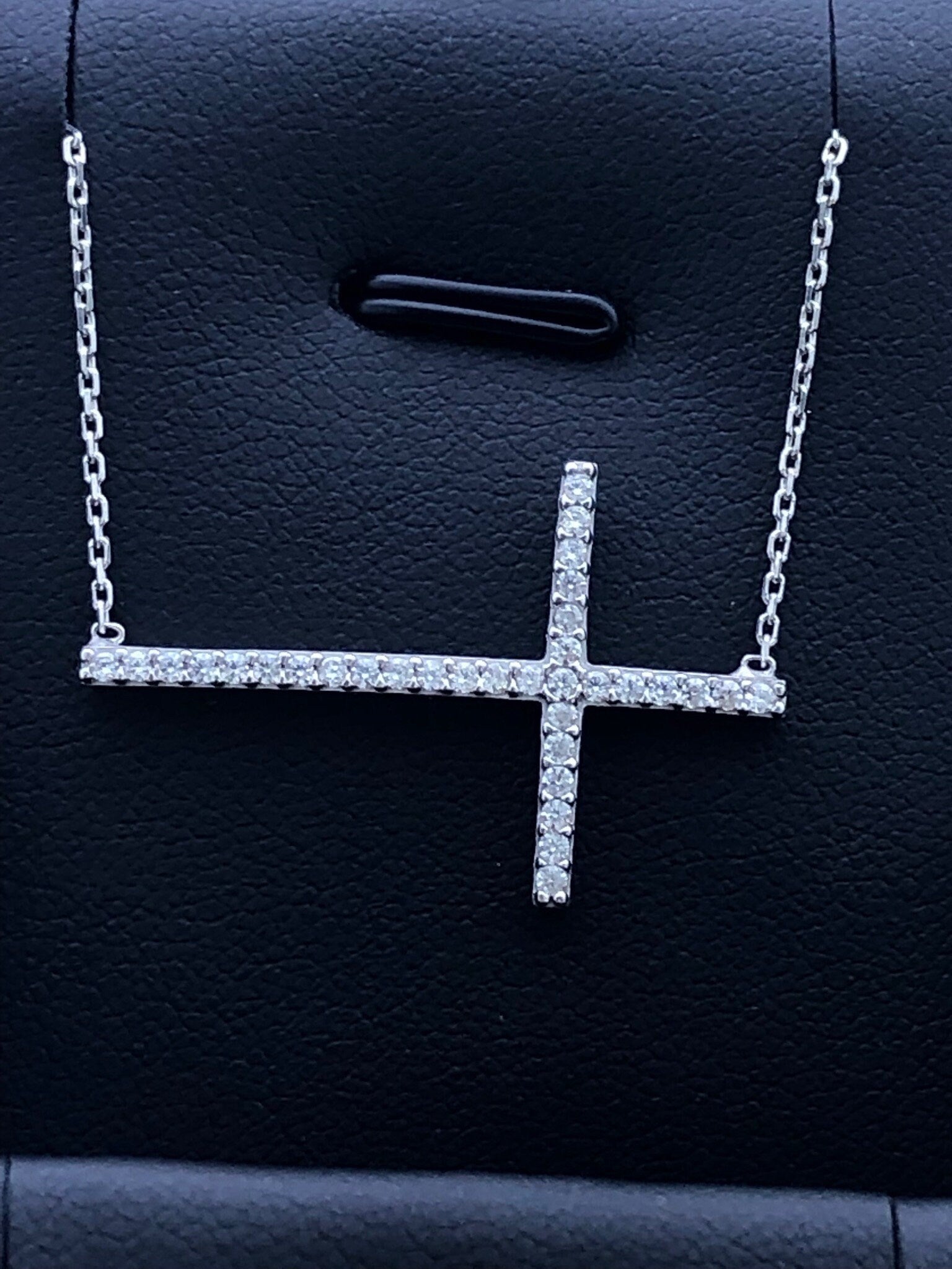 LIV Platinum Sterling Silver .925 White Sapphire Sideway Cross Design Pave Necklace