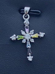 LIV Platinum Sterling Silver .925 Multi Color Sapphire Baguette Cross Necklace Gift