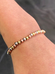 LIV Tri Tone Gold Stainless Steel Round Bead Design Stretch Bracelet Stackable Gift