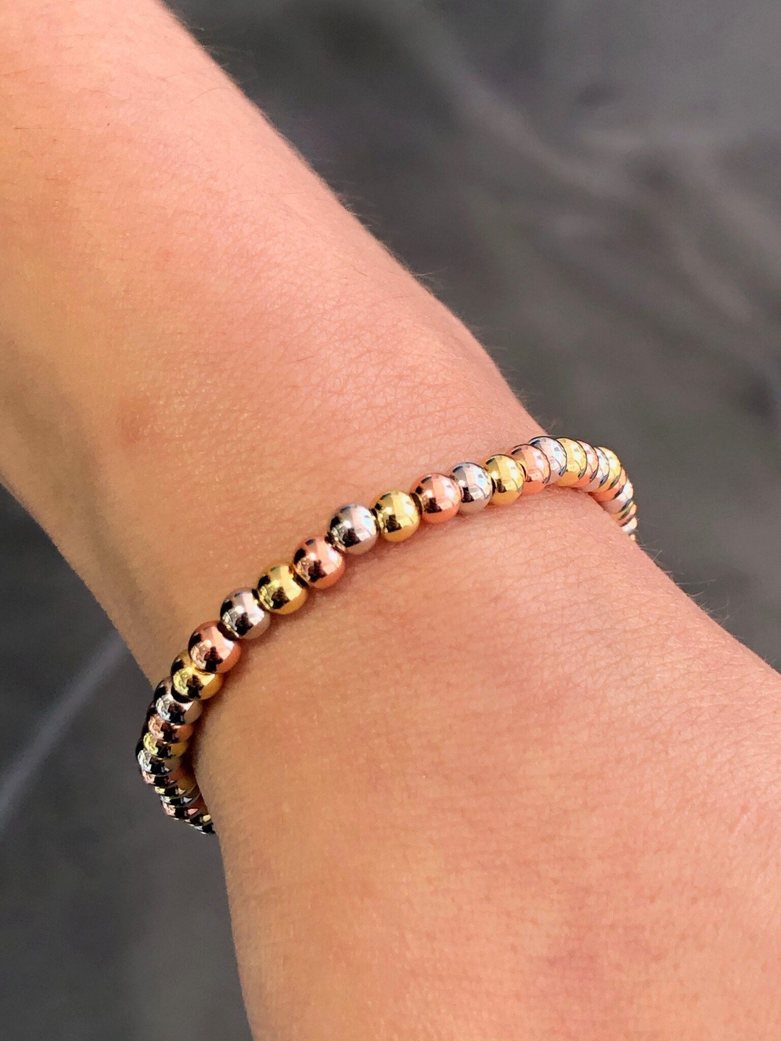 LIV Tri Tone Gold Stainless Steel Round Bead Design Stretch Bracelet Stackable Gift