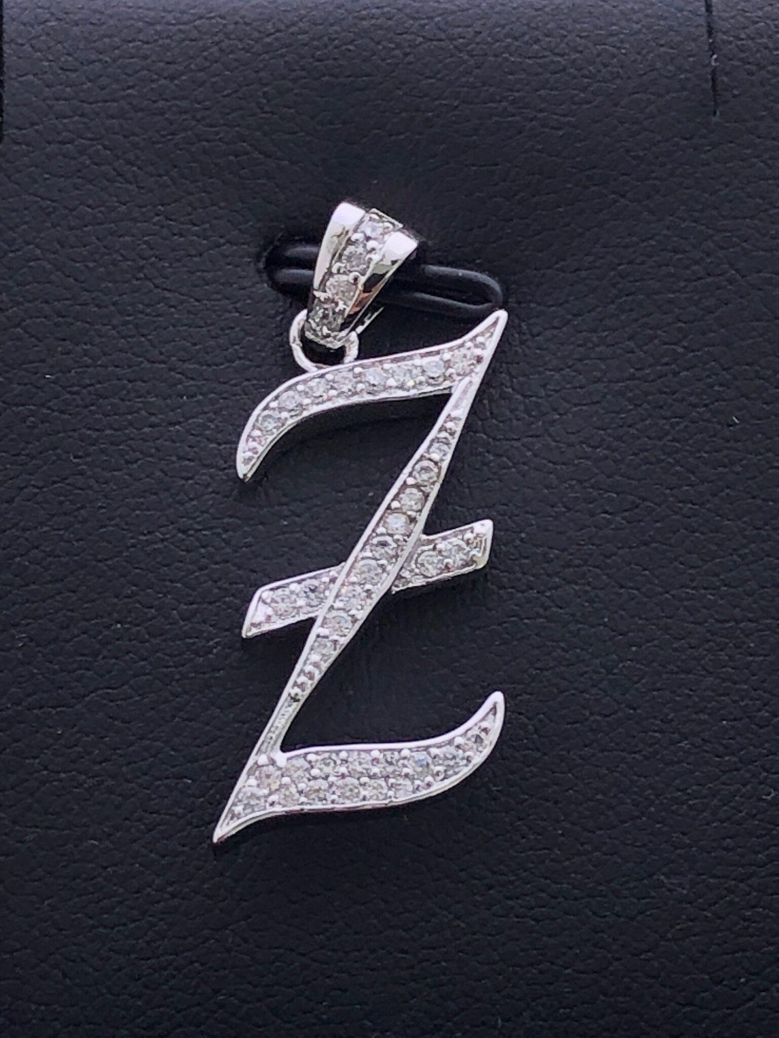 LIV Platinum Sterling Silver Pave White Sapphire Initial Z Script Halo Necklace Gift