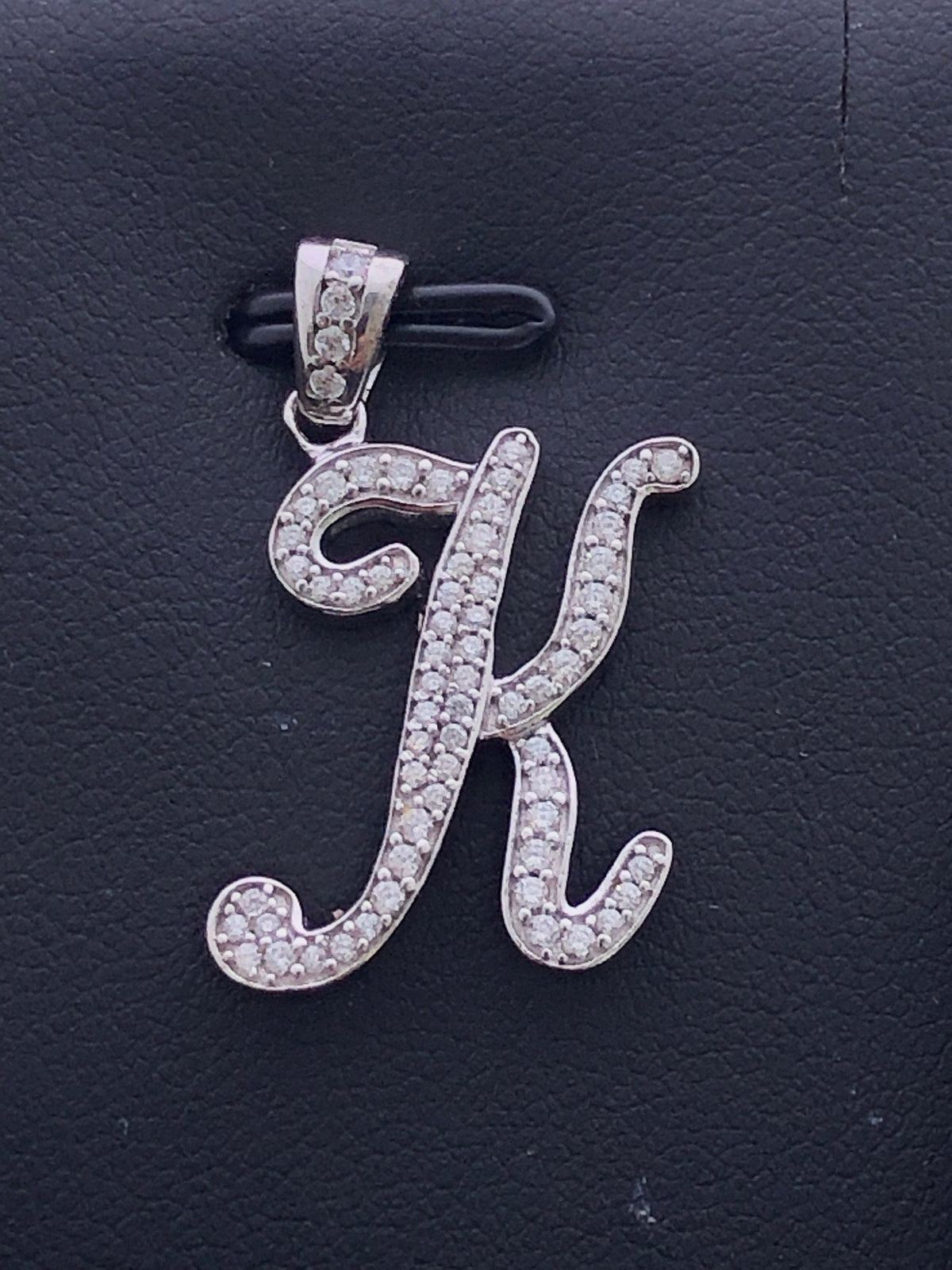 LIV Platinum Sterling Silver Pave White Sapphire Initial K Script Halo Necklace Gift