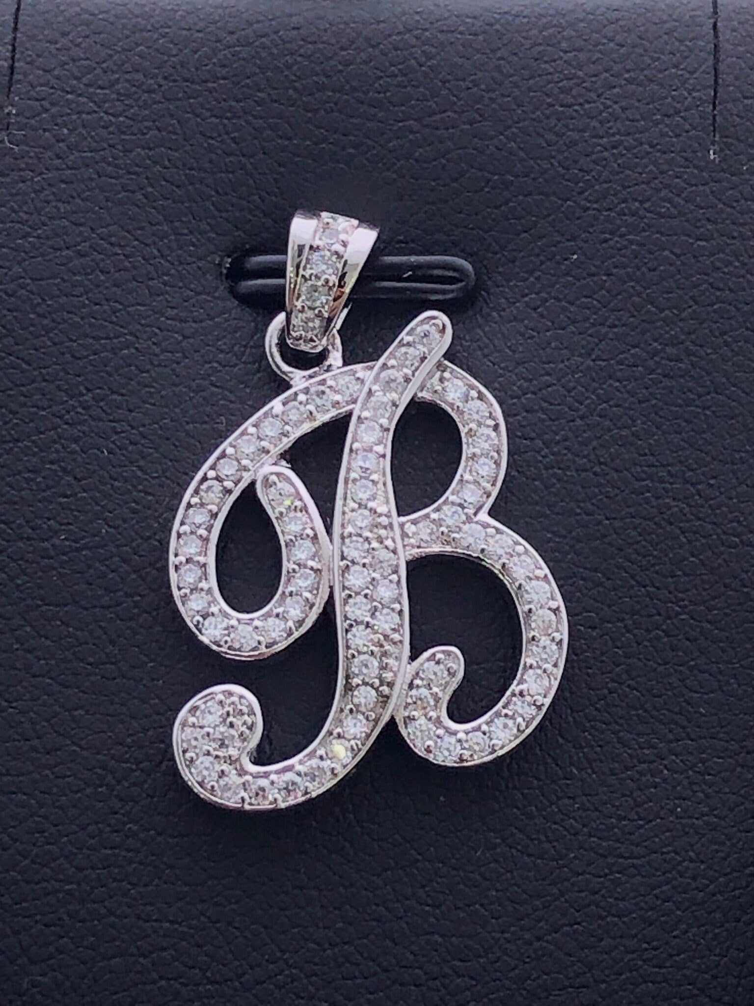 LIV Platinum Sterling Silver Pave White Sapphire Initial B Script Halo Necklace Gift