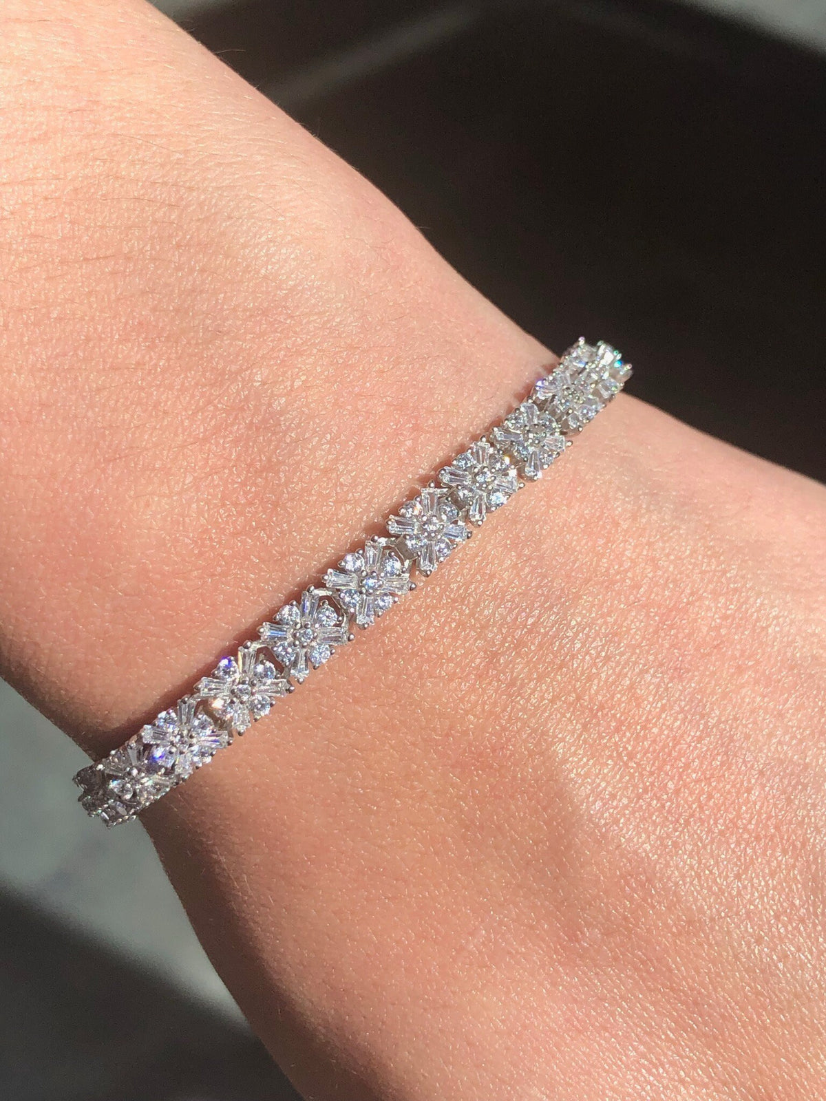 LIV Platinum Sterling Silver Pave White Sapphire Baguette Snowflake Tennis Bracelet