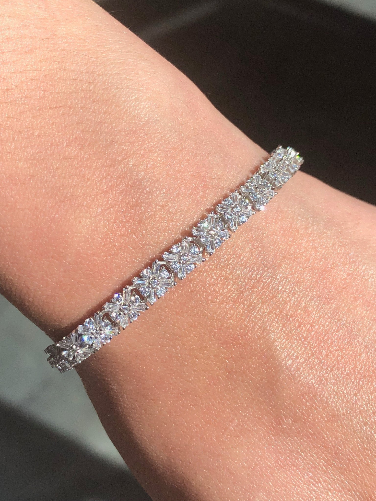 LIV Platinum Sterling Silver Pave White Sapphire Baguette Snowflake Tennis Bracelet