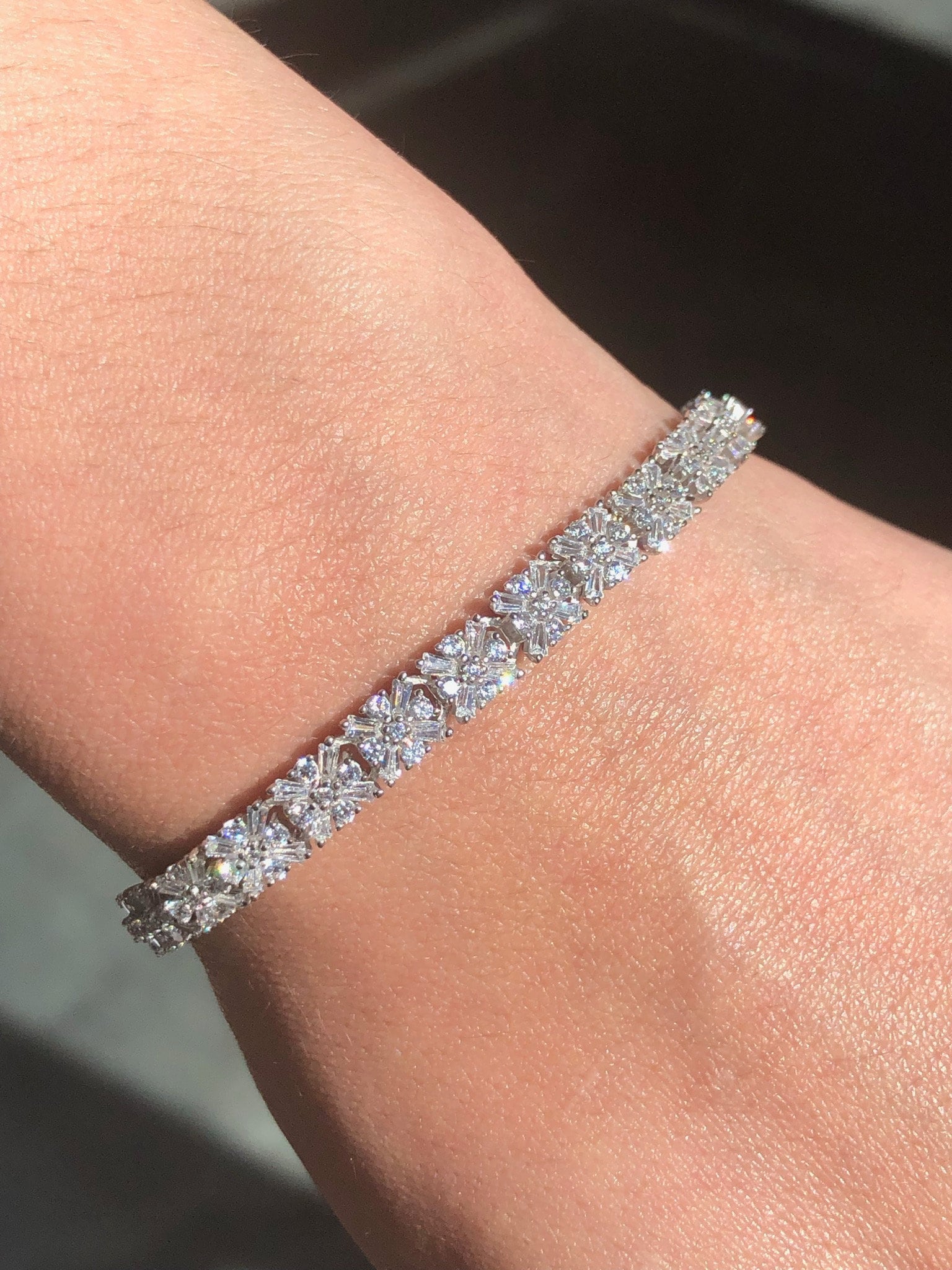 LIV Platinum Sterling Silver Pave White Sapphire Baguette Snowflake Tennis Bracelet