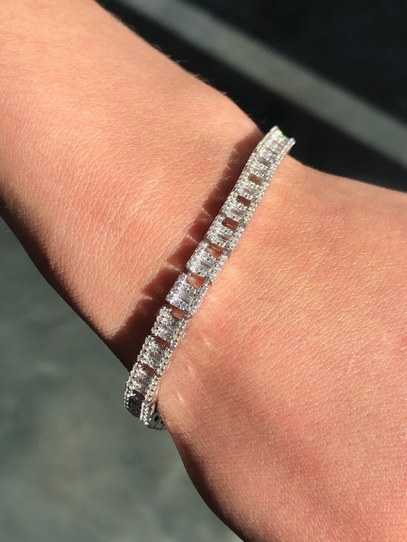 LIV Platinum Sterling Silver Pave White Sapphire Baguette Halo Tennis Bracelet Gift