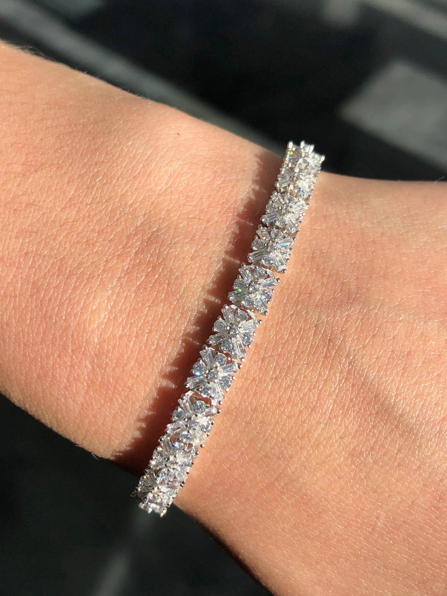 LIV Platinum Sterling Silver Pave White Sapphire Baguette Classic Tennis Bracelet