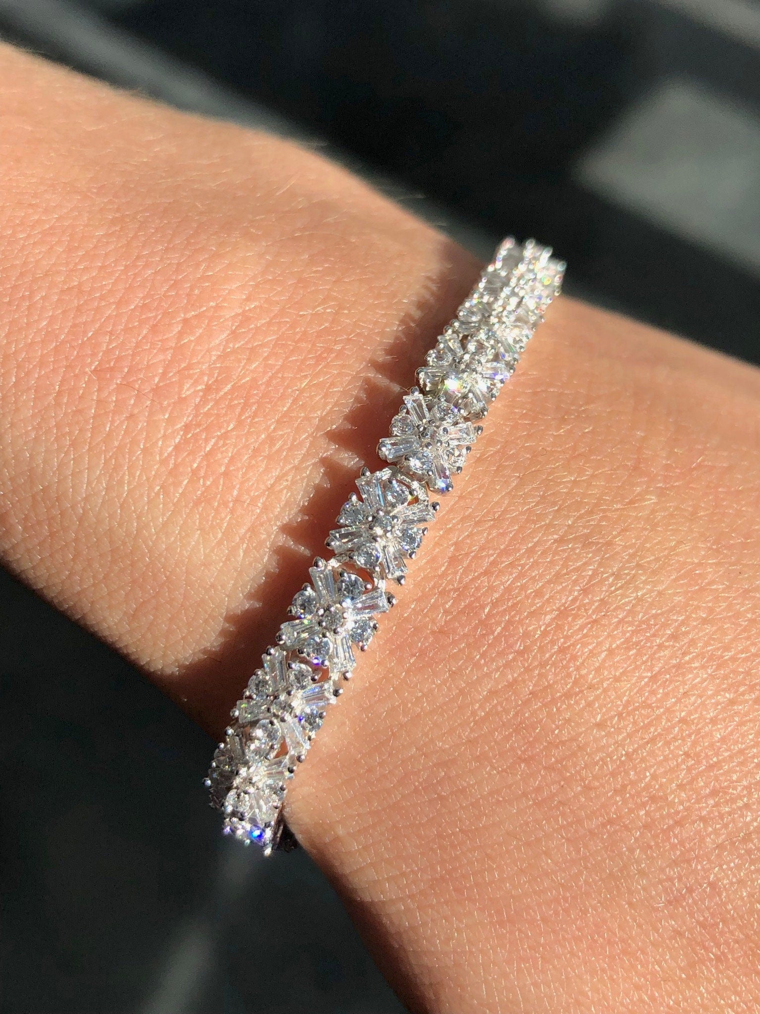 LIV Platinum Sterling Silver Pave White Sapphire Baguette Classic Tennis Bracelet