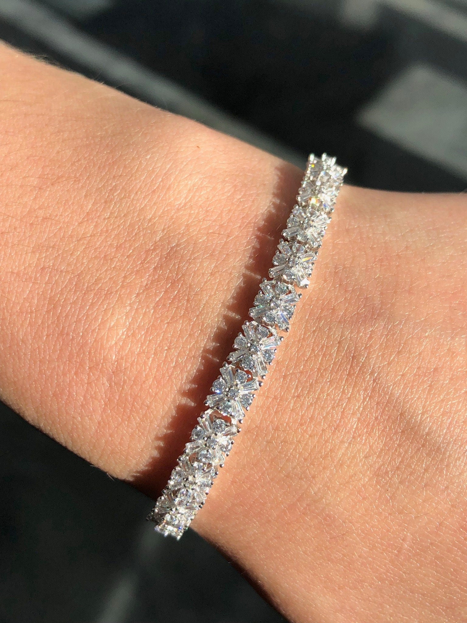 LIV Platinum Sterling Silver Pave White Sapphire Baguette Classic Tennis Bracelet