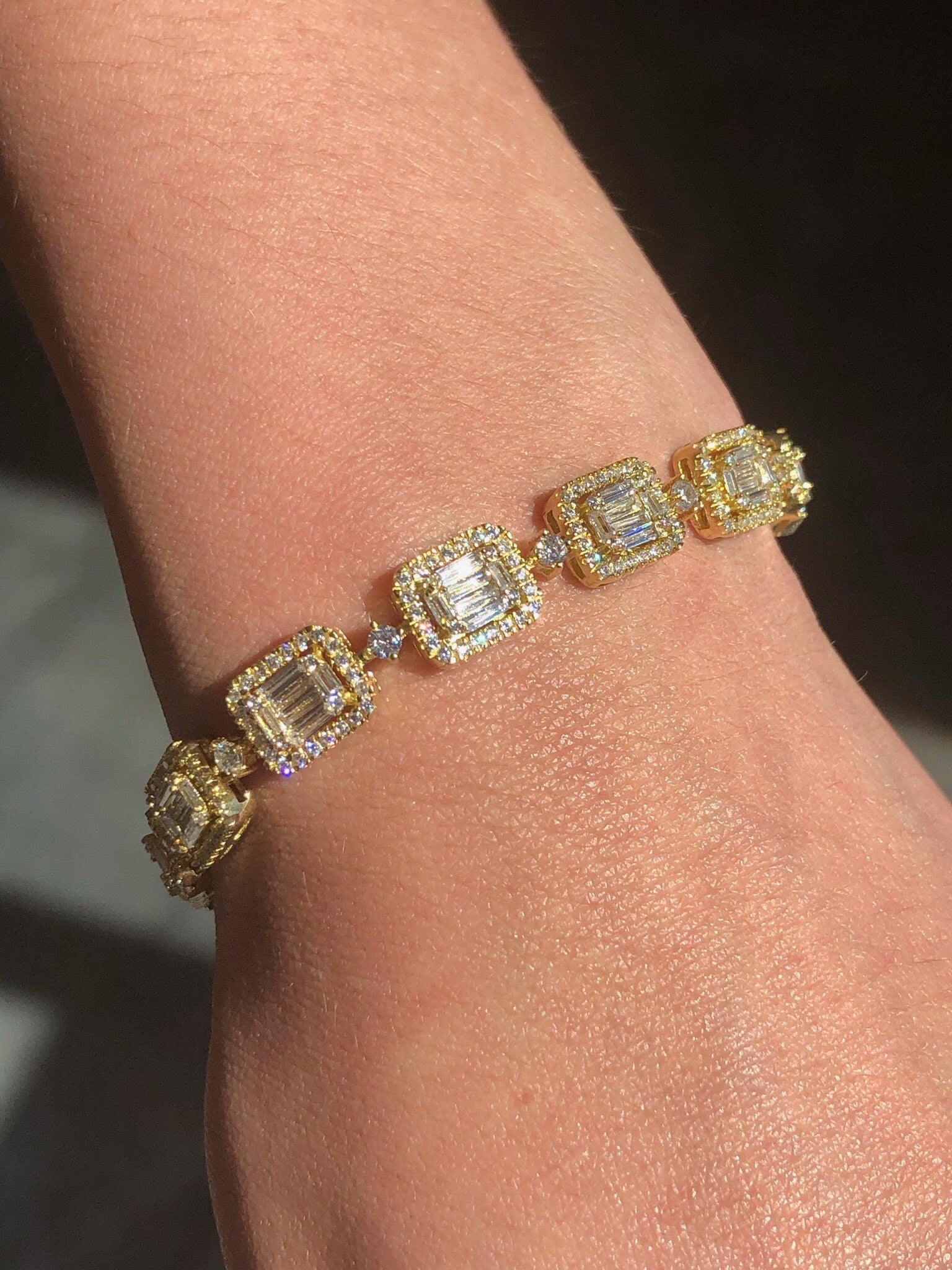 LIV 18k Gold Sterling Silver Yellow Sapphire Emerald Cut Halo Tennis Bracelet Gift