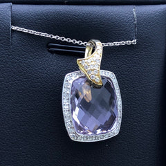 LIV 14k White Gold Diamonds & Purple Amethyst Cushion Cut Halo Stone Design Necklace