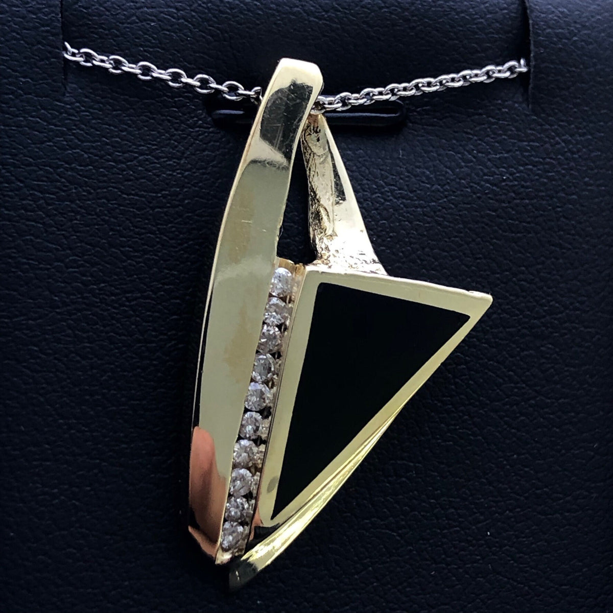 LIV 14k Yellow Gold & Diamonds Abstract Design Black Onyx Halo Pendant Necklace Gift