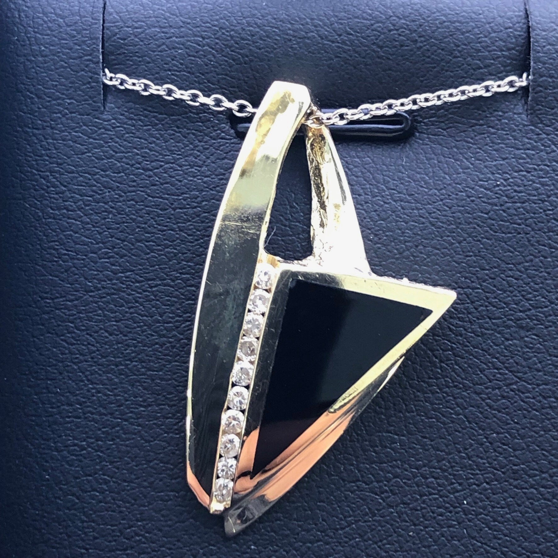 LIV 14k Yellow Gold & Diamonds Abstract Design Black Onyx Halo Pendant Necklace Gift
