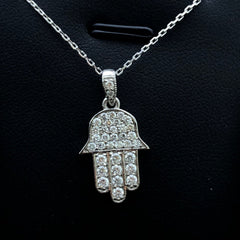 LIV 14k White Gold & Diamonds Pave Hand of God Hamsa Design Halo Stackable Necklace