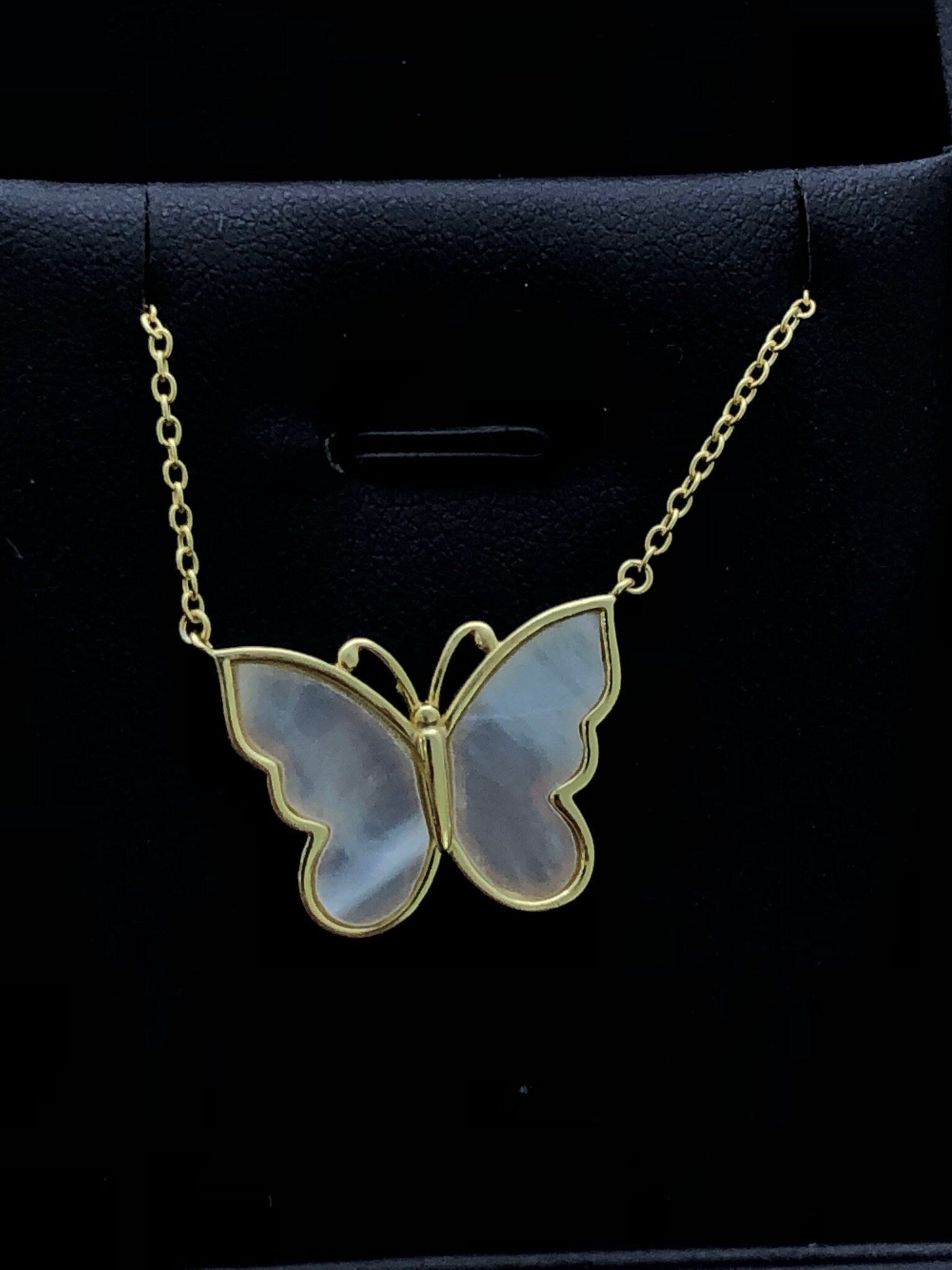 LIV 18k Yellow Gold Sterling Silver Mother of Pearl Butterfly Designs Halo Necklace