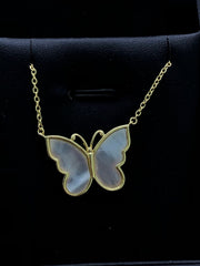 LIV 18k Yellow Gold Sterling Silver Mother of Pearl Butterfly Designs Halo Necklace