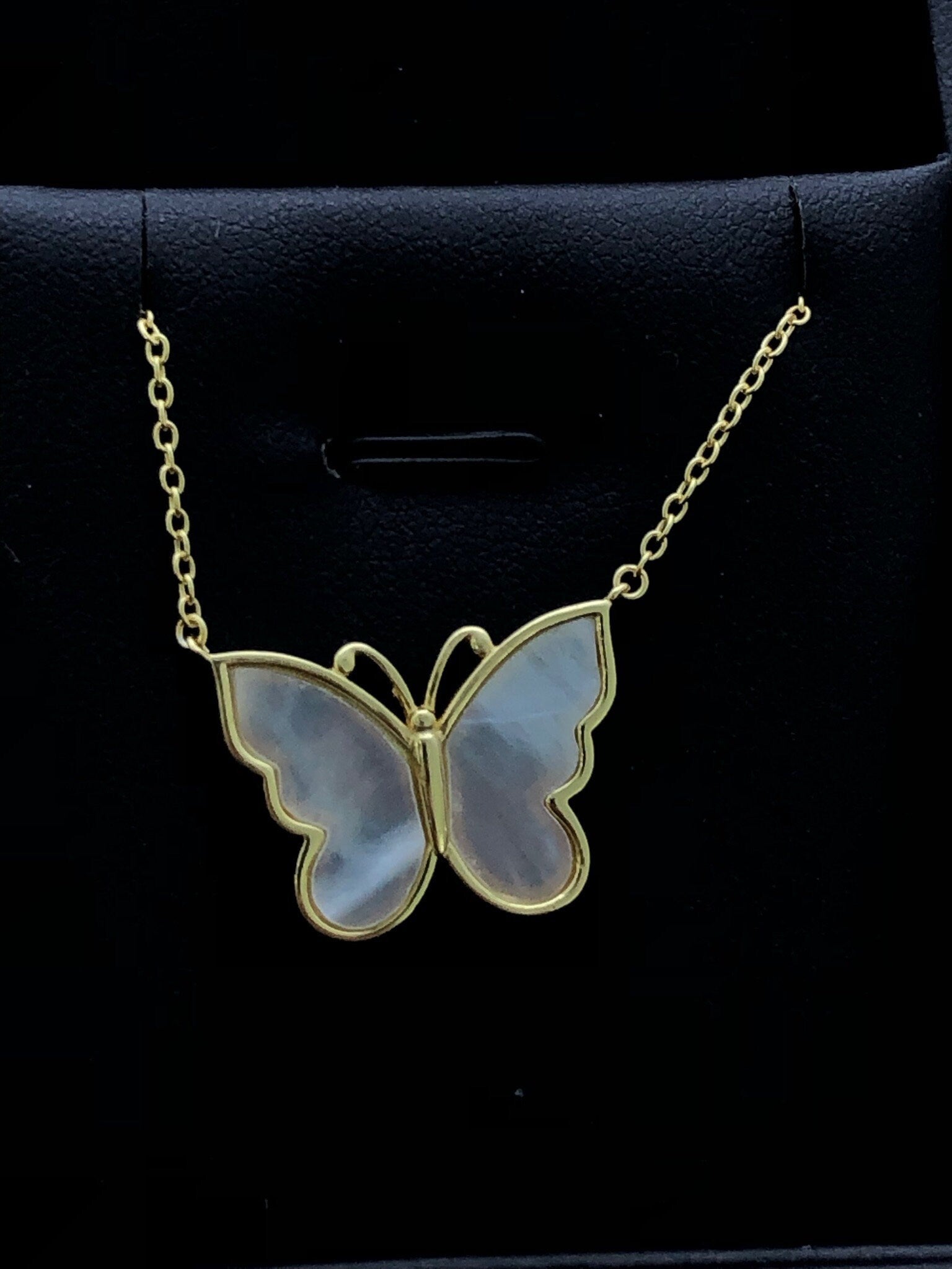 LIV 18k Yellow Gold Sterling Silver Mother of Pearl Butterfly Designs Halo Necklace