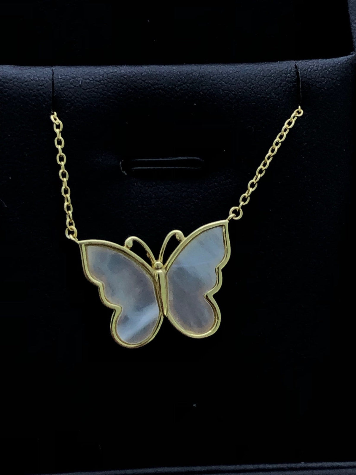 LIV 18k Yellow Gold Sterling Silver Mother of Pearl Butterfly Designs Halo Necklace