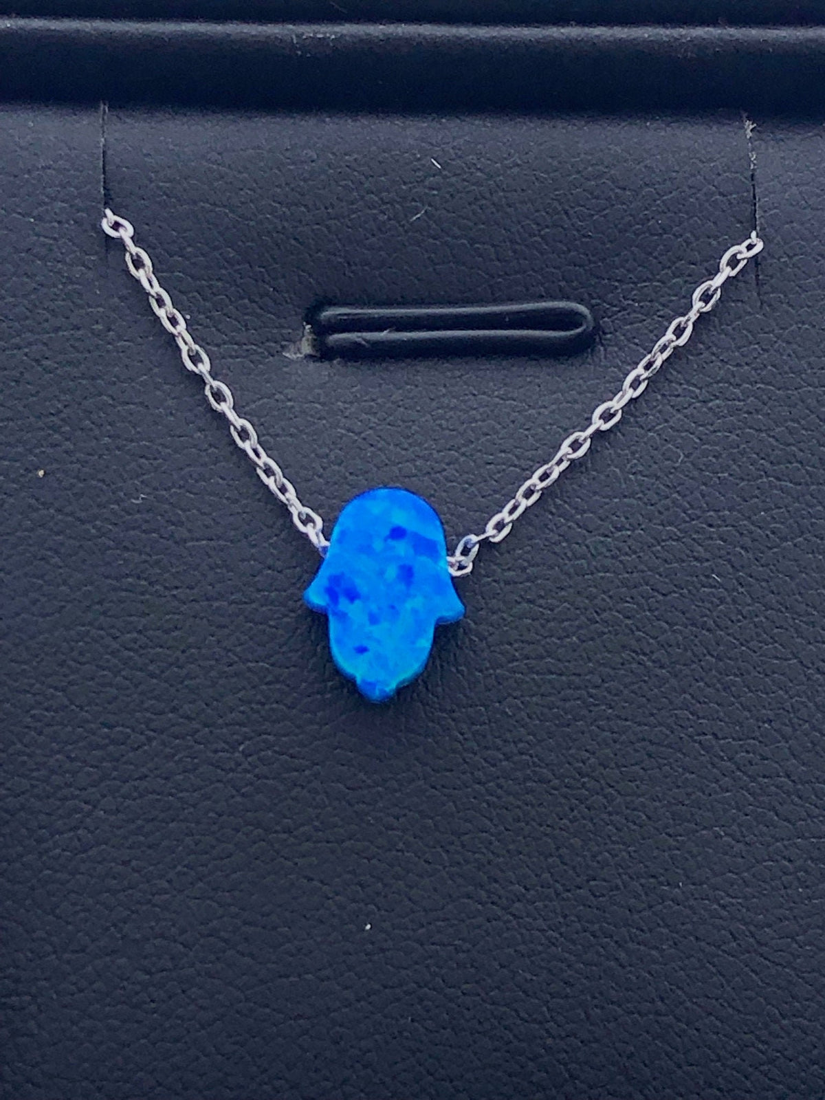 LIV Platinum Sterling Silver Blue Opal Hamsa Design Hand of God Good Luck Necklace