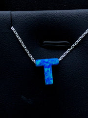 LIV Platinum Sterling Silver .925 Blue Opal Initial T Alphabet Name Necklace Gift