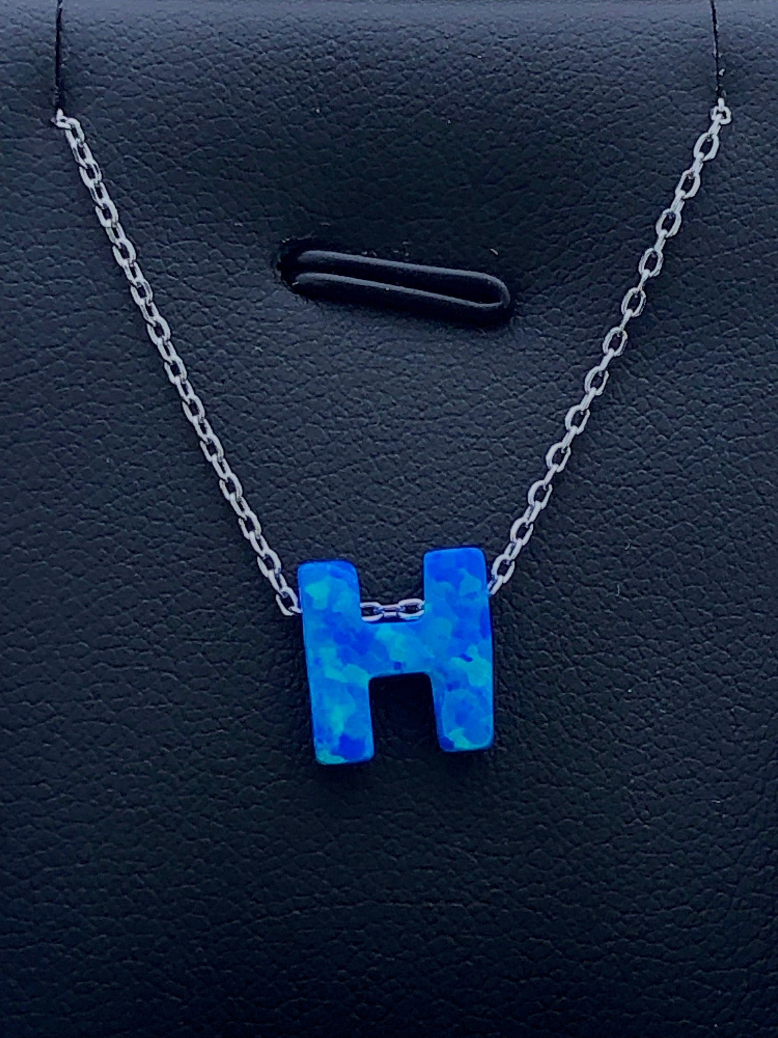 LIV Platinum Sterling Silver .925 Blue Opal Initial H Alphabet Name Necklace Gift