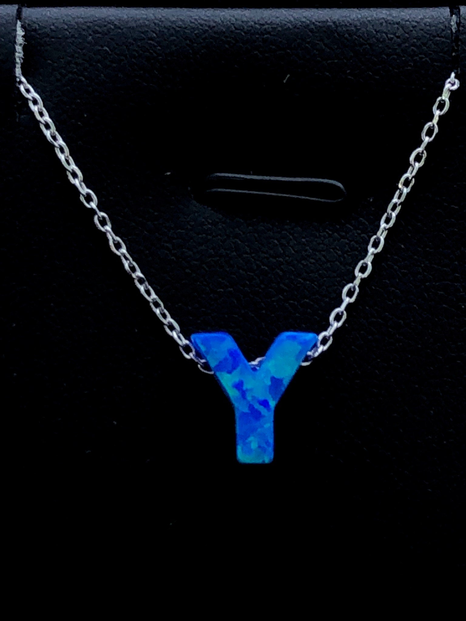 LIV Platinum Sterling Silver .925 Blue Opal Initial Y Alphabet Name Necklace Gift