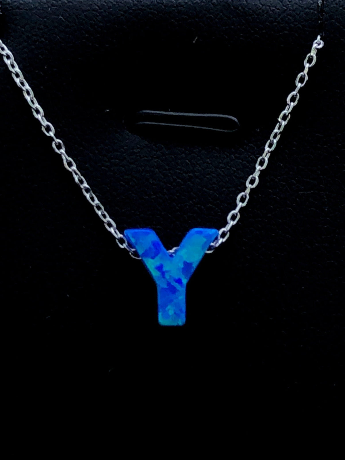 LIV Platinum Sterling Silver .925 Blue Opal Initial Y Alphabet Name Necklace Gift