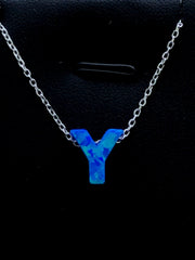 LIV Platinum Sterling Silver .925 Blue Opal Initial Y Alphabet Name Necklace Gift