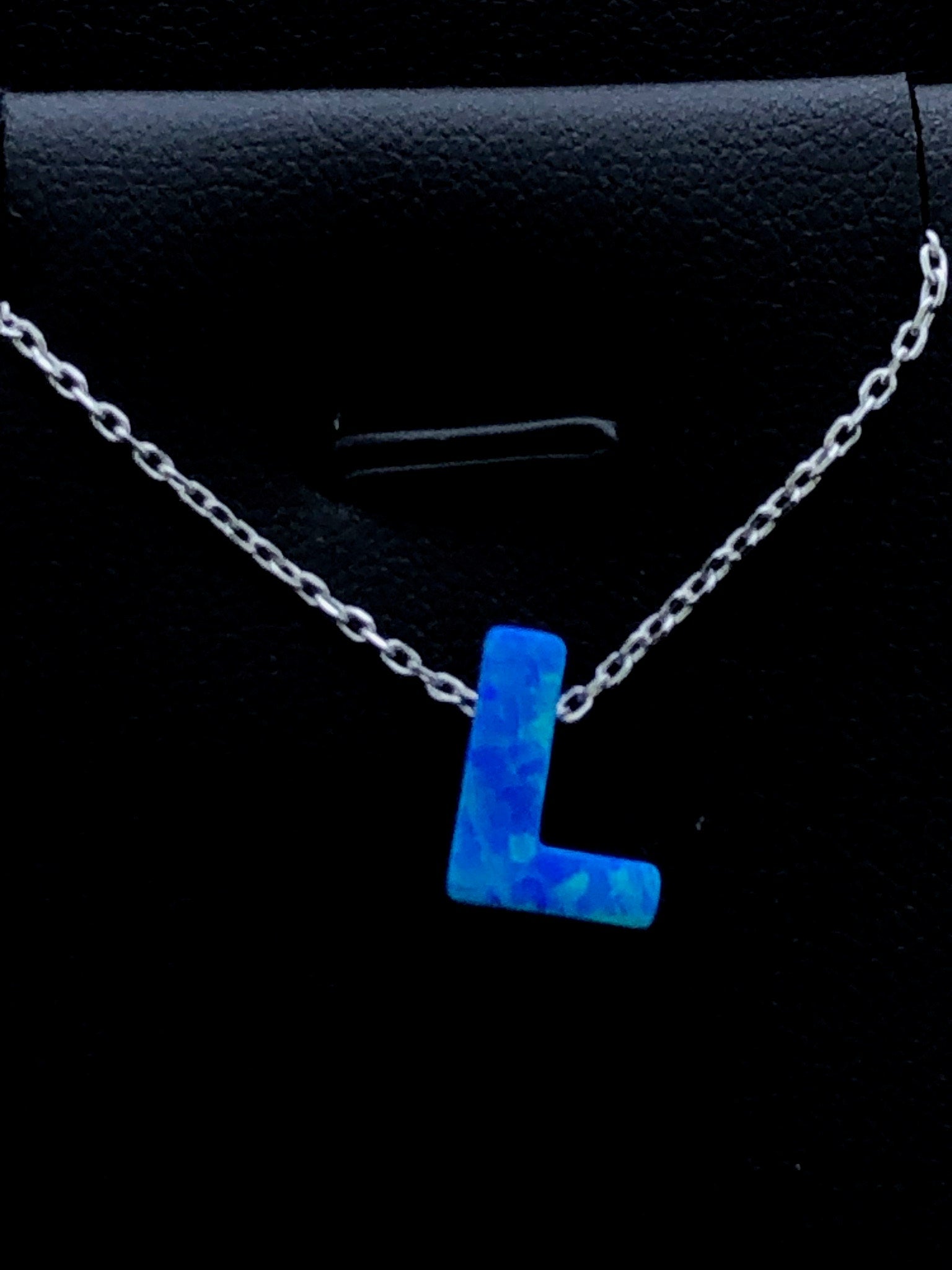 LIV Platinum Sterling Silver .925 Blue Opal Initial L Alphabet Name Necklace Gift