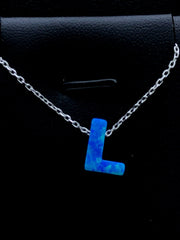 LIV Platinum Sterling Silver .925 Blue Opal Initial L Alphabet Name Necklace Gift