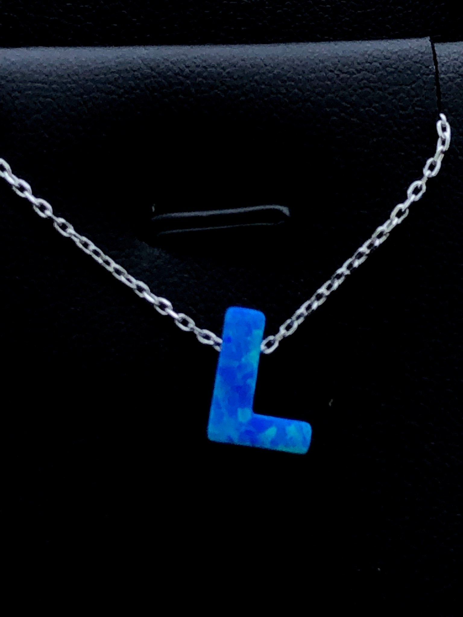 LIV Platinum Sterling Silver .925 Blue Opal Initial L Alphabet Name Necklace Gift