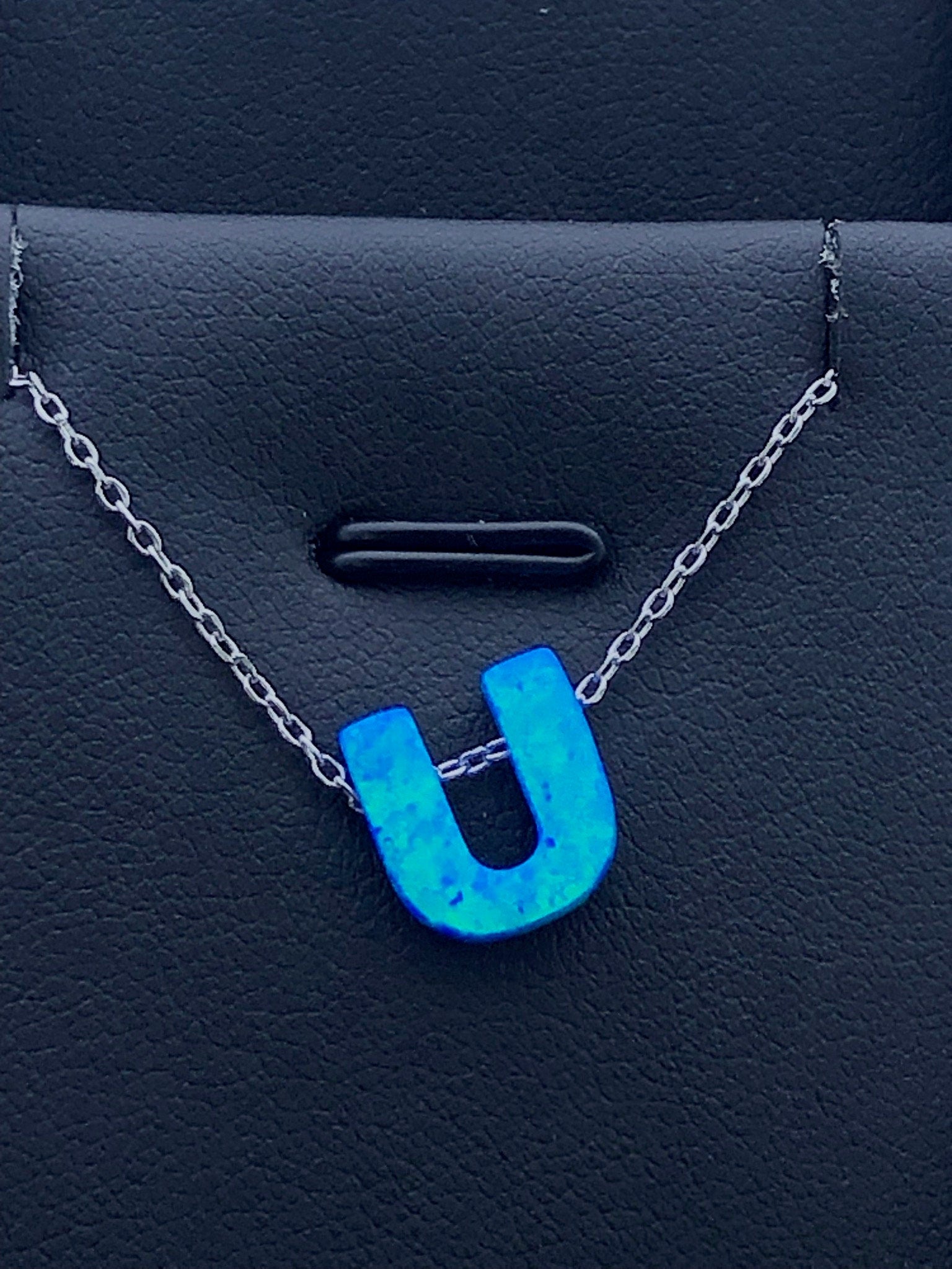 LIV Platinum Sterling Silver .925 Blue Opal Initial U Alphabet Name Necklace Gift