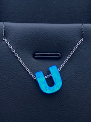 LIV Platinum Sterling Silver .925 Blue Opal Initial U Alphabet Name Necklace Gift