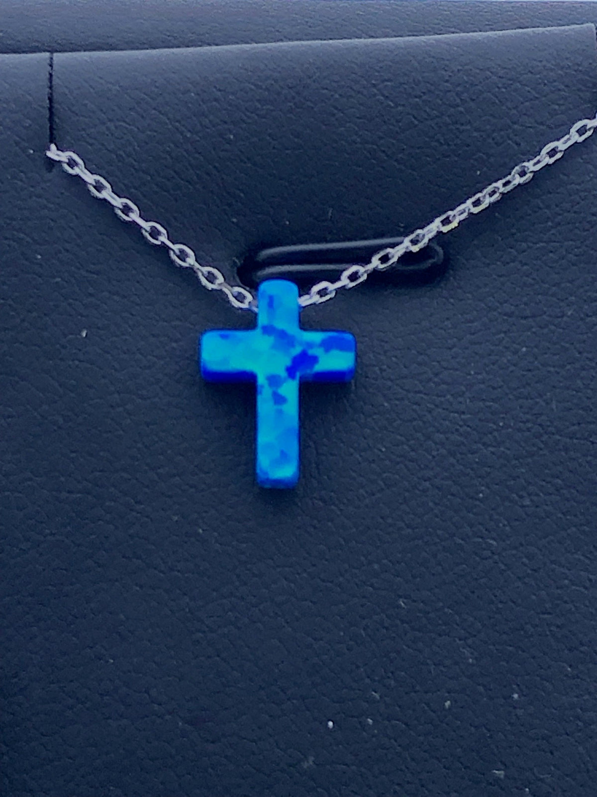 LIV Platinum Sterling Silver .925 Blue Opal Cross Design Stackable Necklace Gift