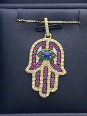 LIV 18k Gold Sterling Silver .925 Multi Sapphire Large Hand Hamsa Design Necklace