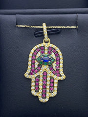 LIV 18k Gold Sterling Silver .925 Multi Sapphire Large Hand Hamsa Design Necklace