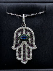 LIV Platinum Sterling Silver .925 Multi Sapphire Large Hand Hamsa Design Necklace
