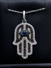 LIV Platinum Sterling Silver .925 Multi Sapphire Large Hand Hamsa Design Necklace