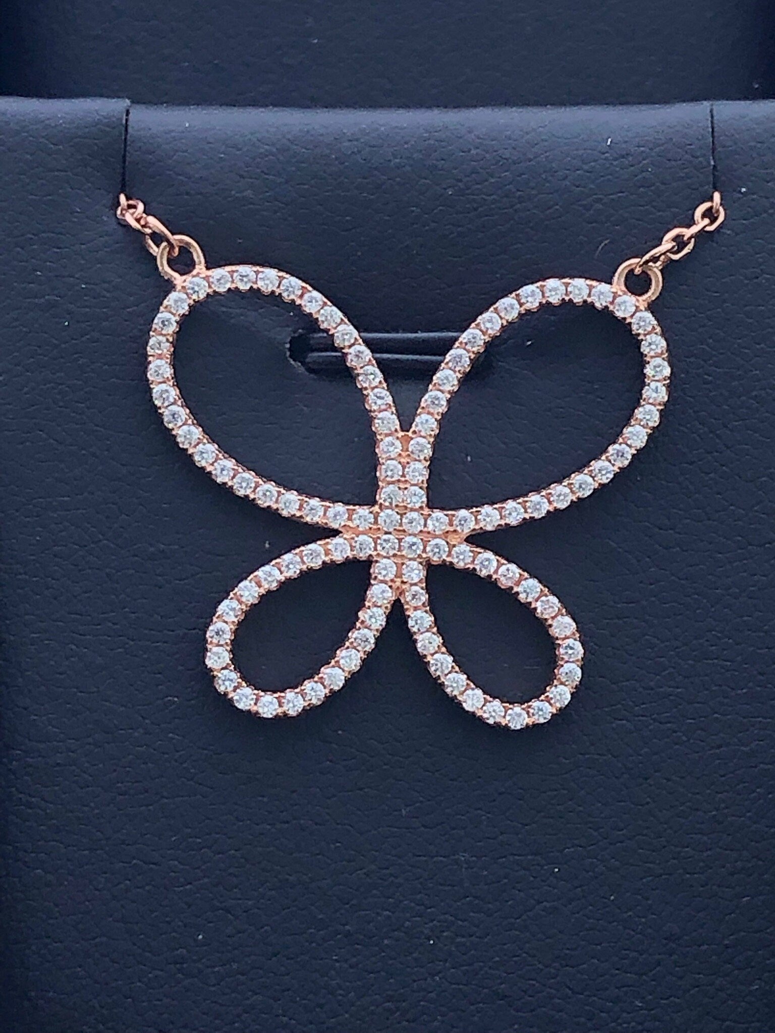 LIV Rose Gold Sterling Silver White Sapphire Pave Butterfly Design Halo Necklace