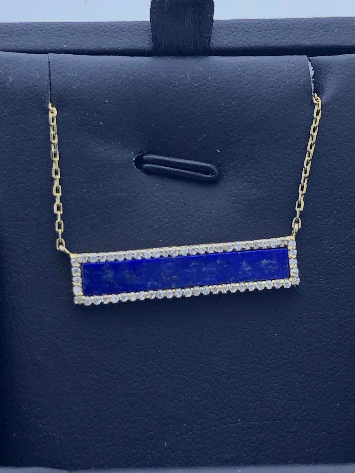 LIV Yellow Gold Sterling Silver White Sapphire Blue Lapis Bar Design Halo Necklace