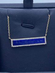 LIV Yellow Gold Sterling Silver White Sapphire Blue Lapis Bar Design Halo Necklace