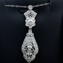 LIV 14k White Gold & Diamonds G/VS1 Round Cut Vintage Design Long Pendant Necklace