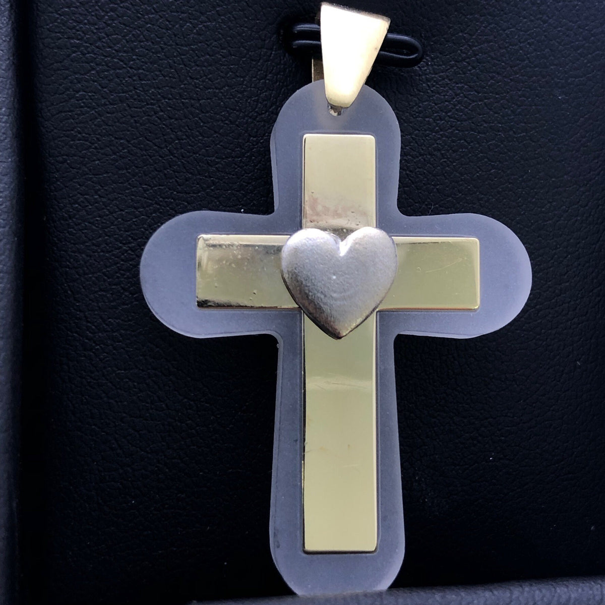 LIV 14k Yellow Gold & Clear Resin Heart Cross Design One of a Kind Charm Pendant